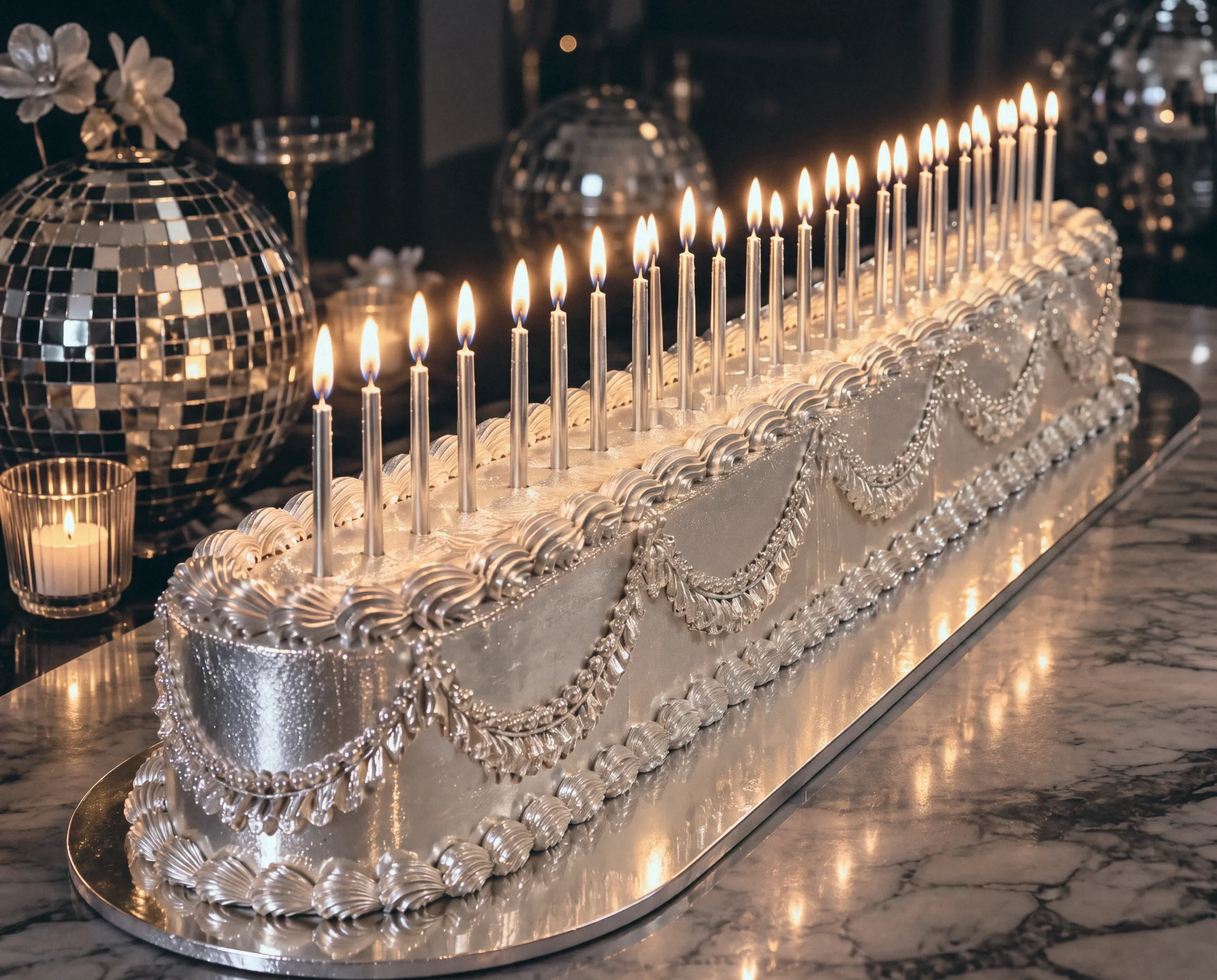 A long silver birthday cake lit with candles beside mirror balls